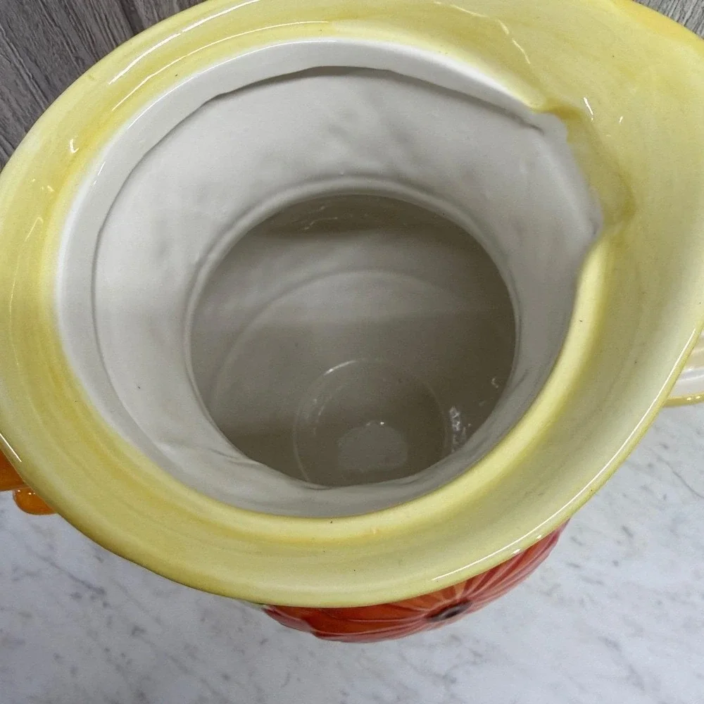 Hand Painted Ceramic Floral Pitcher with Lid Orange Flower Embossed Pottery